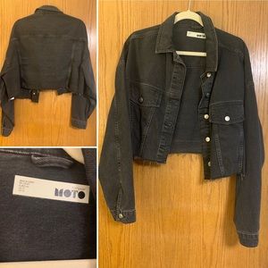 Oversized Cropped Black Jean Jacket with Frayed Bottom